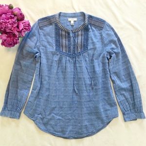 J. Crew embroidered placket peasant tassel top EUC